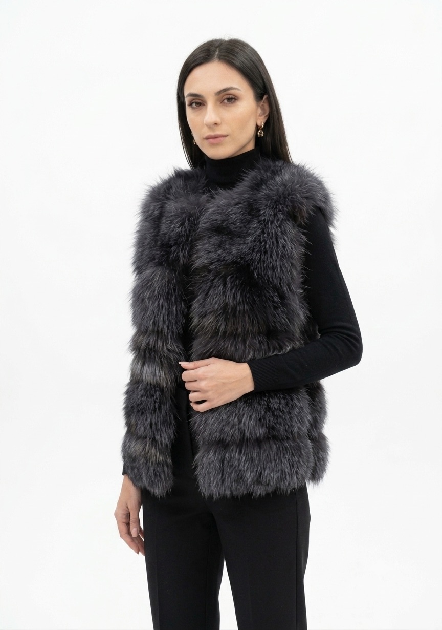 GILET IN RITAGLI DI VOLPE PETROLIO - immagine 3