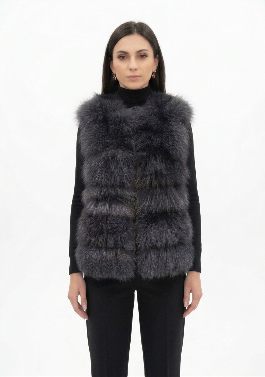 GILET IN RITAGLI DI VOLPE PETROLIO - immagine 1